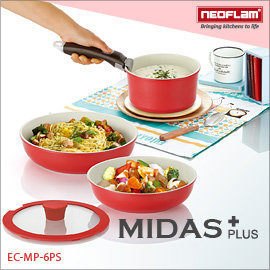 免運費 韓國NEOFLAM Midas Plus系列 陶瓷不沾鍋具組6件式(電磁)-日出紅 EC-MP-6PS - 限時優惠好康折扣